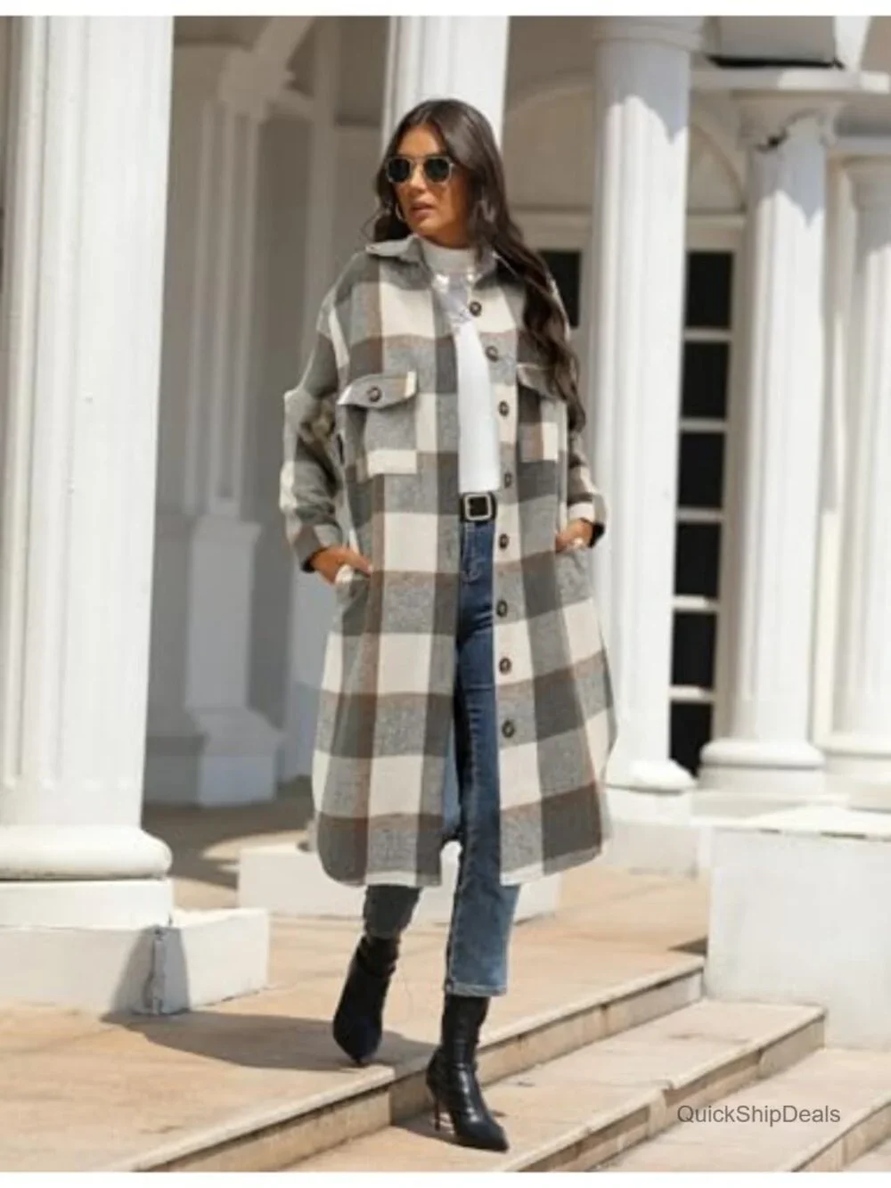 Women's Plaid Flannel Shacket Long Sleeve Button Down Lapel Collar Fuzzy